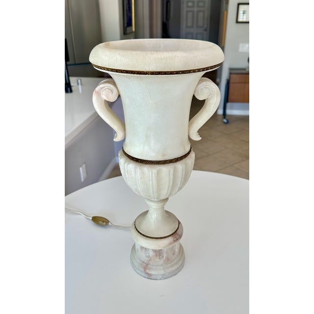 Stone Single Italian Tall Alabaster and Brass Urn Handles Table Lamp For Sale - Image 7 of 18