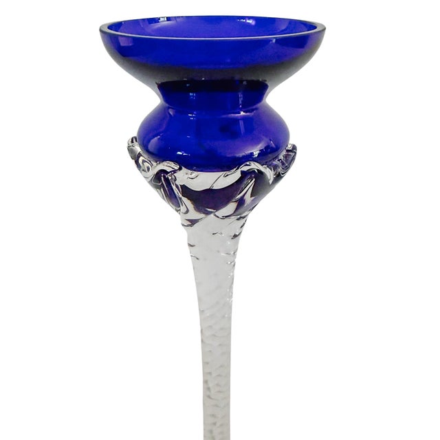 Blue Vintage Romanian Cobalt Blue Hand-Blown Crystal Candlesticks With Twisted Stems – Set of 3 For Sale - Image 8 of 9