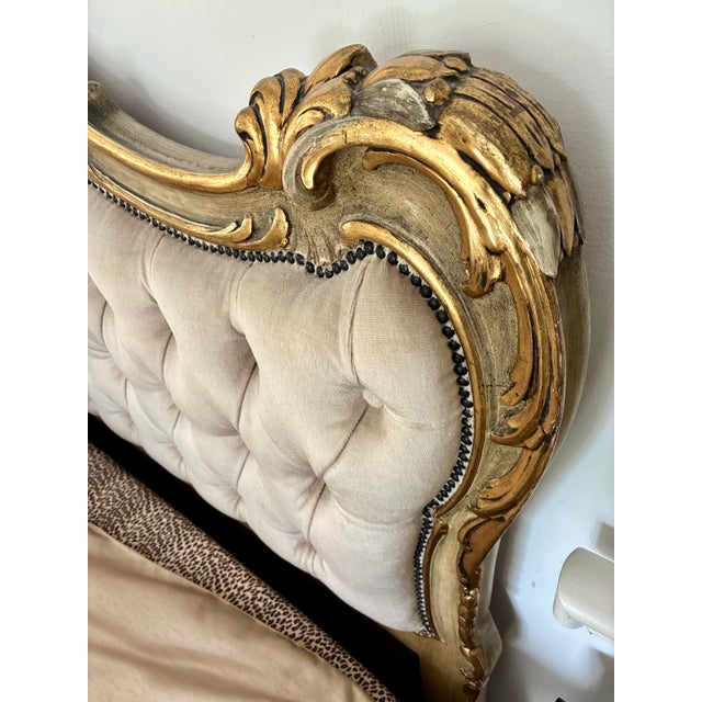 Vintage Italian Carved Painted Bed Frame Tufted Headboard Footboard Rails For Sale In San Francisco - Image 6 of 17