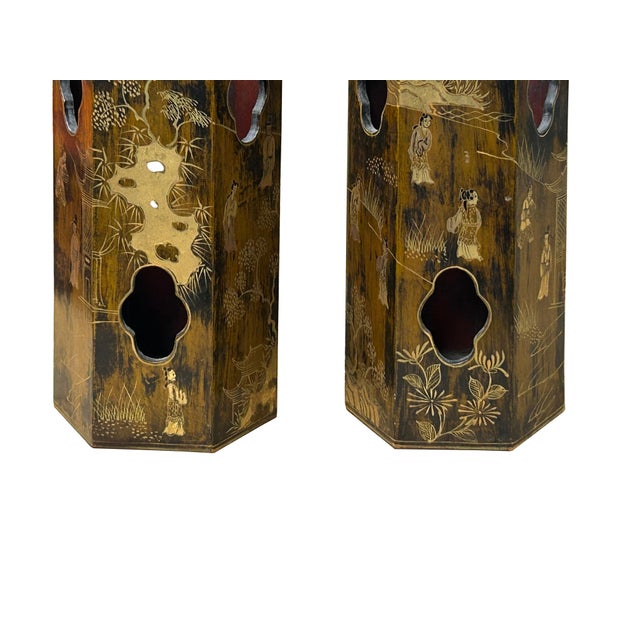 Pair Chinese Matte Gold Scenery Hexagonal Display Wood Brush Pots Vase For Sale - Image 9 of 18