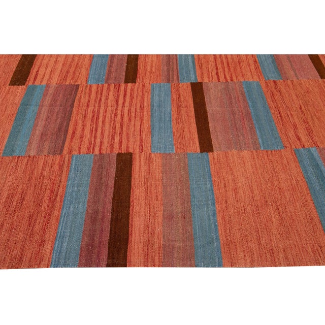 Modern Kilim Flatweave Orange Geometric Abstract Wool Rug For Sale In New York - Image 6 of 10