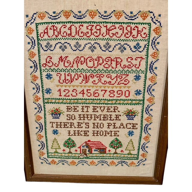 Late 20th Century Vintage Framed Cross Stitch Sampler-Primitive-Folk Art-Needlework-Alphabet-Farm For Sale - Image 5 of 11