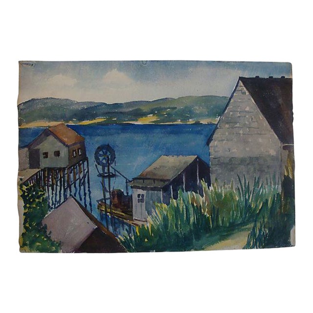William Hazelton 1940s Nautical Watercolor Painting Harbor Pier Docks New England For Sale