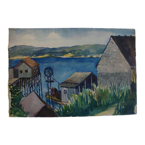 William Hazelton 1940s Nautical Watercolor Painting Harbor Pier Docks New England