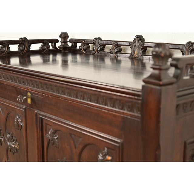 Wood Antique English Victorian or Gothic Revival Carved Walnut Drop Front Secretary Desk | Circa 1880s For Sale - Image 7 of 14