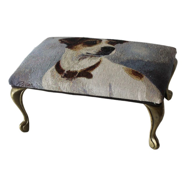 1980s Vintage Jack Russel Tapestry Upholstered Cast Brass Cabriole Legs Footstool For Sale