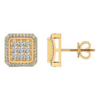 10K Yellow Gold Round Diamond Square Shape Stud Earrings 1/2 Cttw, A Pair For Sale