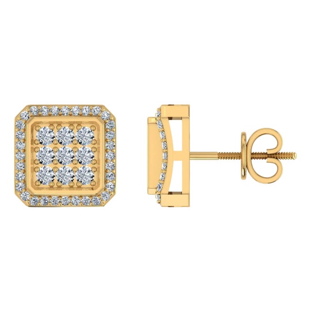10K Yellow Gold Round Diamond Square Shape Stud Earrings 1/2 Cttw, A Pair For Sale