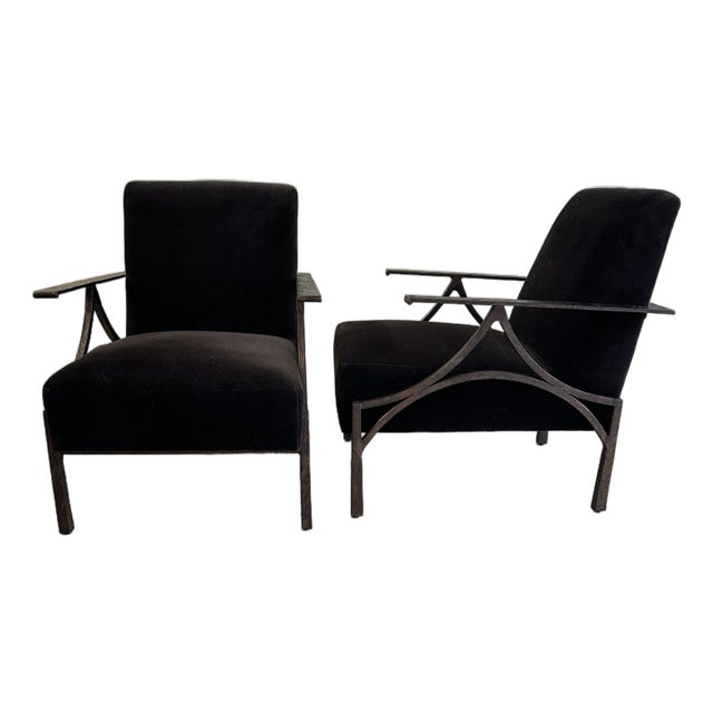 Vintage Custom Bernhardt Chocolate Brown Velvet & Iron Brutalist Lounge Chairs - A Pair For Sale