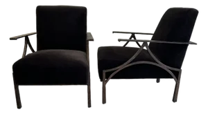 Vintage Custom Bernhardt Chocolate Brown Velvet & Iron Brutalist Lounge Chairs - A Pair