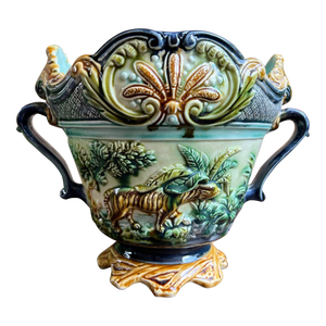 Antique French Majolica Jardinière Onnaing Tiger Monkey Jungle Cache Pot Planter