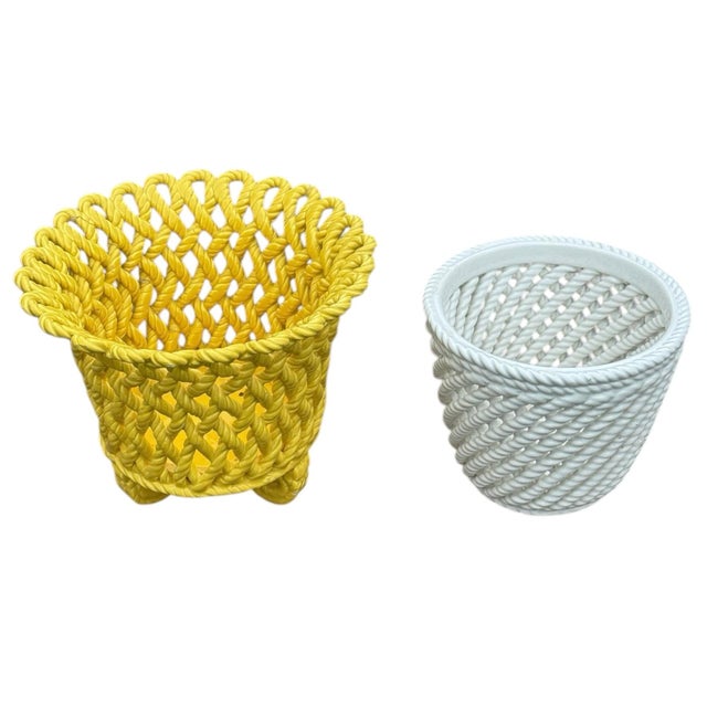 French Country Vintage Ceramic Woven Cachepots Yellow & White For Sale - Image 3 of 7