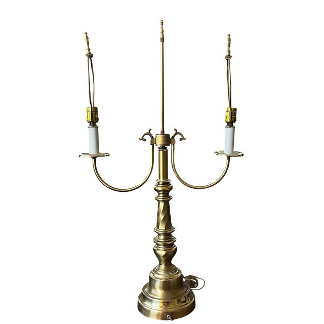 Monumental Vintage Brass Bouillotte Table Lamp With Custom Hunter Green Pleated Shades — Ralph Lauren / Visual Comfort For Sale - Image 11 of 15