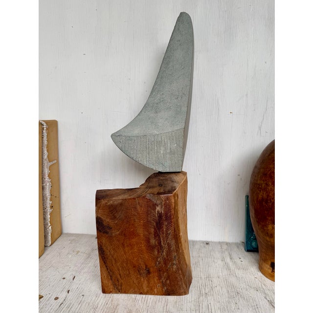Mid-Century Modern Vintage Modern Granite Brass and Wood Abstract Minimalist Sculpture For Sale - Image 3 of 9