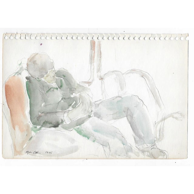 Watercolor by New York artist Myriam Cahn (1933-2018) of a man sleeping on a train, probably in Europe. Salmagundi Club...
