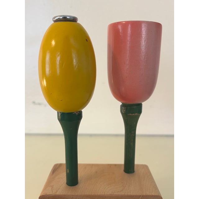 Rare Danish Mid Century Handmade Carved Tulip Flower Salt & Pepper Set on Burlwood Stand For Sale In Los Angeles - Image 6 of 11