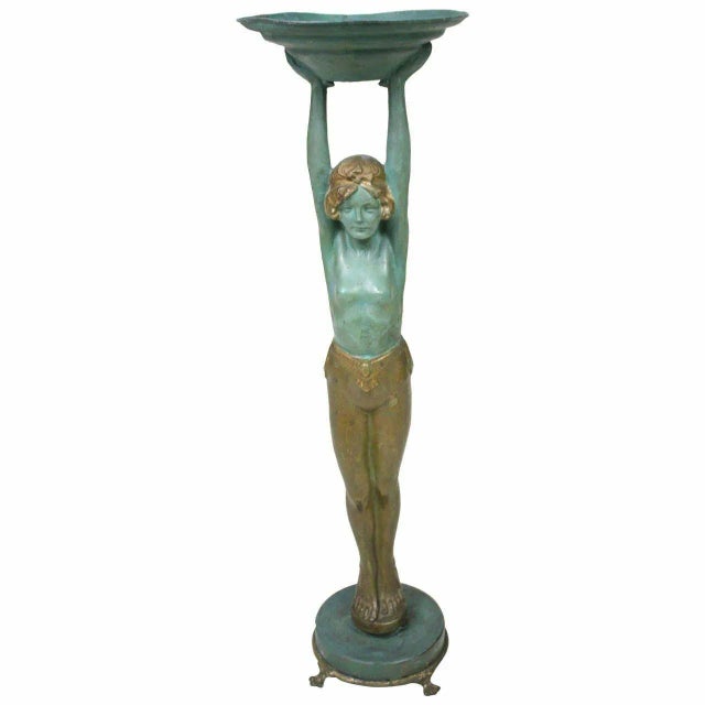 Vintage Polychromed Metal Art Deco Lady Statue by Everlite For Sale - Image 9 of 9