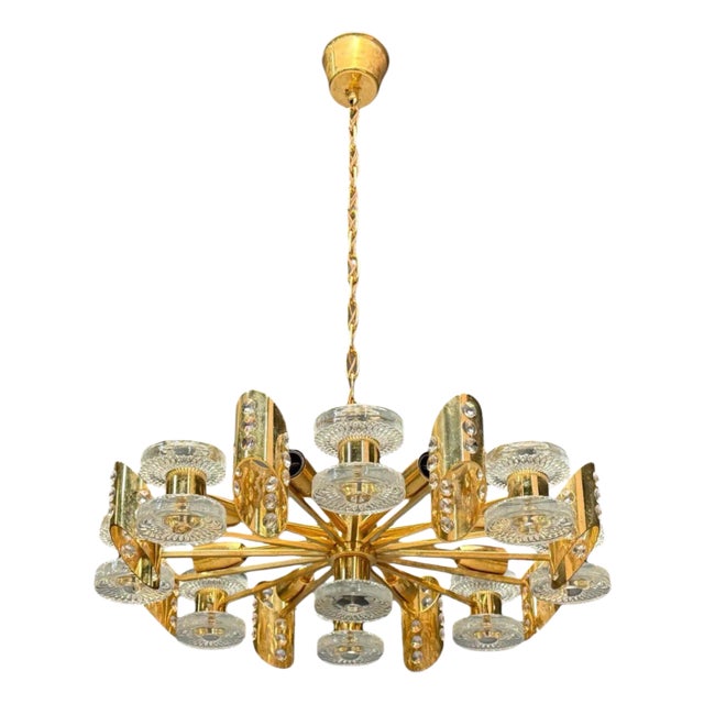 Orrefors, Scandinavian Modern, Brass, Glass, Chandelier, Sweden, 1960s For Sale