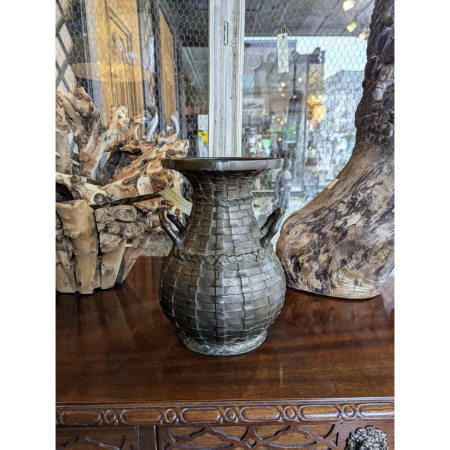 Antique Japanese Bronze Woven Basket Vase With Bamboo Style