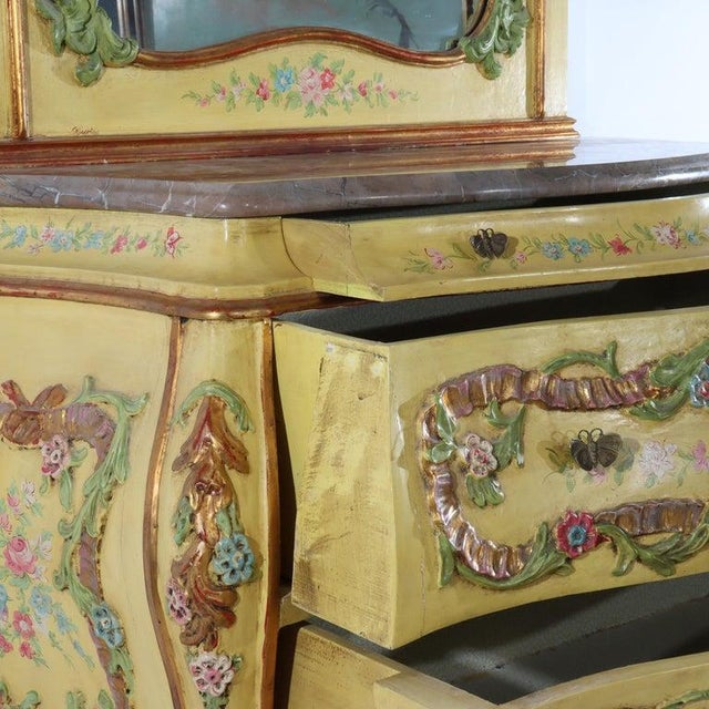 Venetian Floral Polychromed Marble Top Dresser With Trumeau Mirror C1930 For Sale - Image 13 of 14