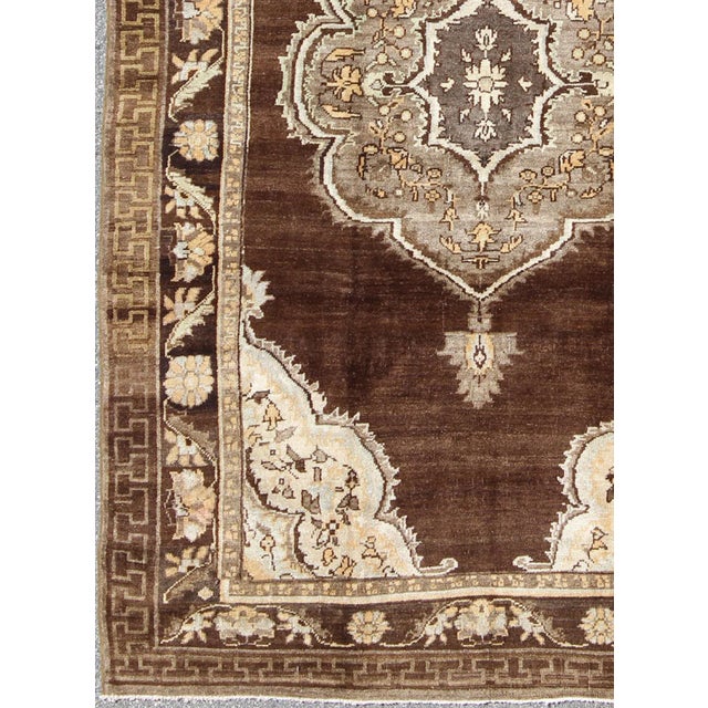 Shabby Chic Mid 20th Century Brown Background Floral Medallion Vintage Turkish Kars Rug in Ivory and Taupe For Sale - Image 3 of 10