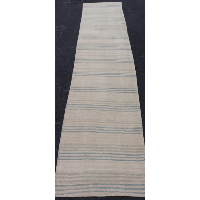 Striped Turkish Vintage Kilim Runner in Ivory and Soft Blue Tones For Sale - Image 9 of 11