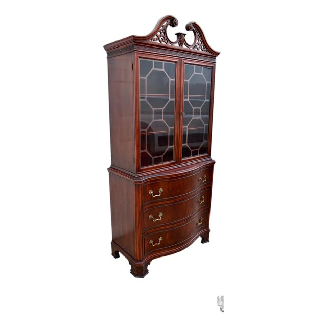 Vintage Chippendale Style Mahogany China Cabinet Hutch Serpentine Swan Neck For Sale