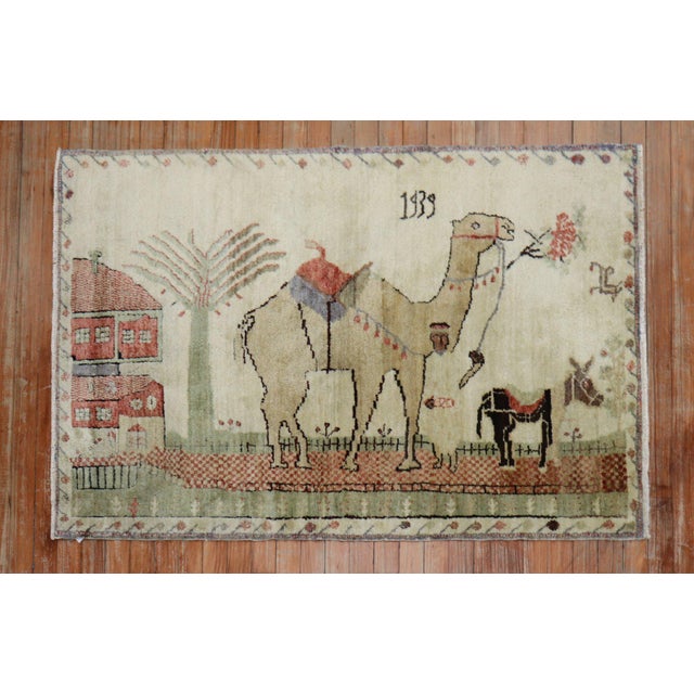 1930s Vintage Zabihi Collection Camel Donkey Turkish Kula Pictorial Scatter Size Rug - 3'2" x 4'8" For Sale - Image 5 of 8