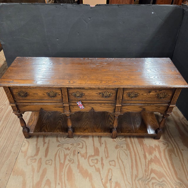 Farmhouse Late 20th Century Oak Three Drawer Potboard Dresser Base With Turned Legs and Shaped Frieze For Sale - Image 3 of 9