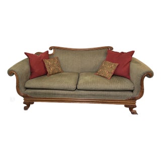 Mid 20th Century Sofa With Carved Wood Accents For Sale