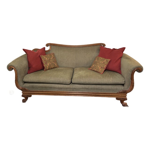 Vintage Sofa With Beautiful Carved Wood Accents For Sale