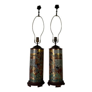 19th Century Japanese Kutani 100 Poems Porcelain Table Lamps - a Pair For Sale