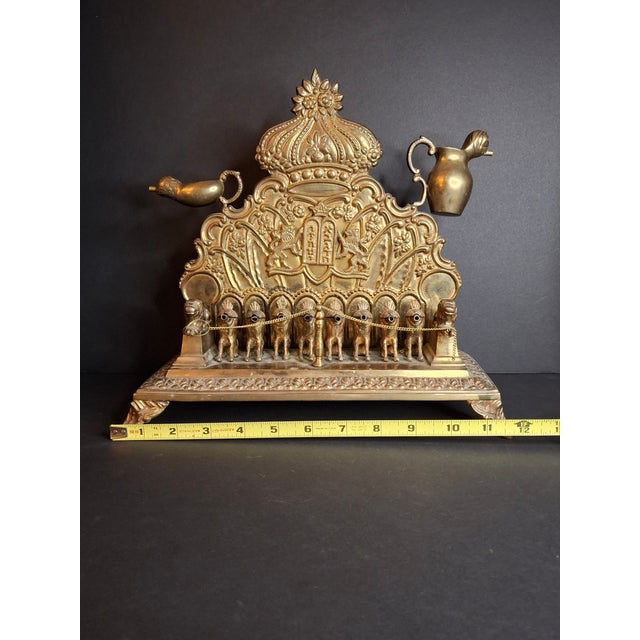 Religious Antique European Brass Lion Menorah Rare 19th Century Hinged Oil Lamp Hanukkah Chanukiah Judaica For Sale - Image 3 of 18