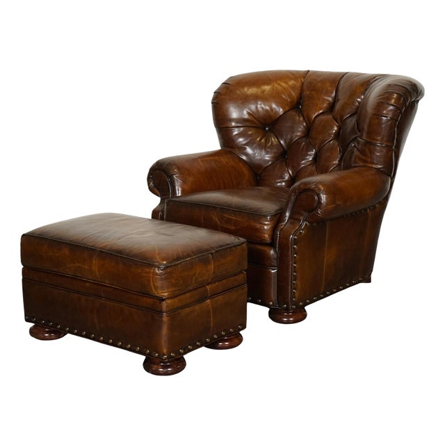 Set of Fully Hand Dyed Leather Writers Reading Armchair with Ottoman For Sale