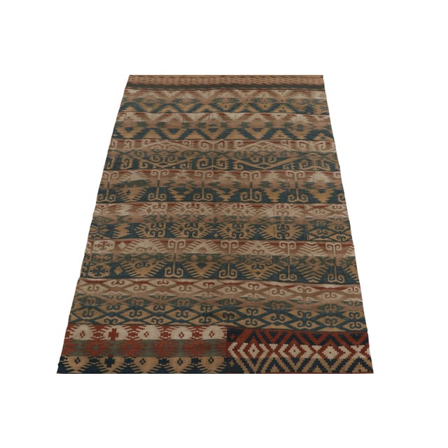 Tribal Vintage Jajim Kilim Rug in Beige-Brown, Blue and Green Tribal Geometric Patterns For Sale - Image 3 of 8