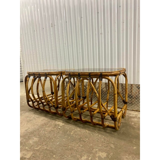 Hollywood Regency 70s Rattan End Tables a Pair. For Sale - Image 3 of 12