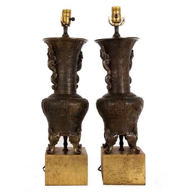 PAIR OF JAPANESE PATINATED BRONZE VASIFORM LAMPS Japan, early 20th century 23 1/2" H x 5 9/16" W x 5 9/16" D ref....