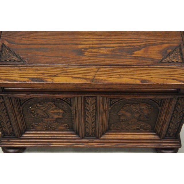 Antique Jacobean Oak Wood Figural Bust Carved Blanket Chest Trunk on Bun Feet For Sale - Image 9 of 11