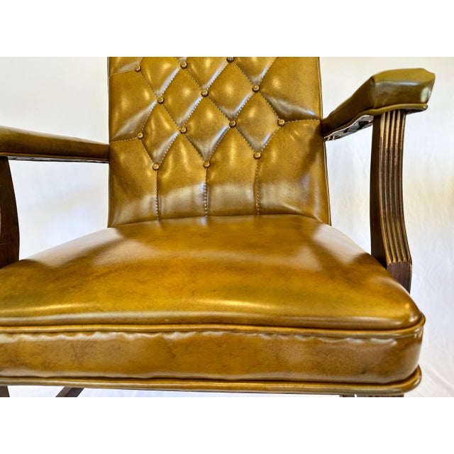 Camel Vintage Mid-Century Tufted Camel Vinyl Armchair on Casters For Sale - Image 8 of 13