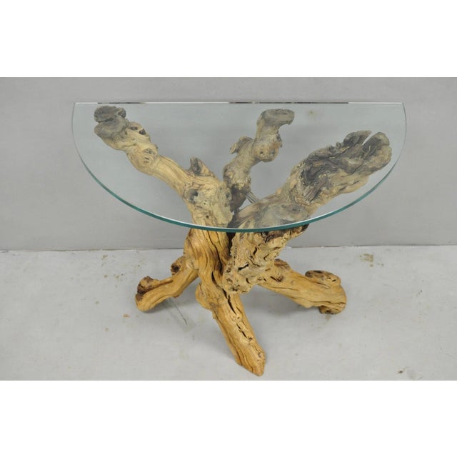 Vintage Mid Century Modern Natural Burl Driftwood Demilune Glass Console Table For Sale - Image 18 of 18