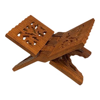 Small Primitive Brown Carved Wood Collapsible Book or Bible Stand For Sale