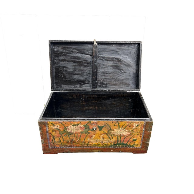 Vintage Distressed Brick Red Brown Lotus Cranes Oriental Wood Trunk Table For Sale - Image 9 of 12