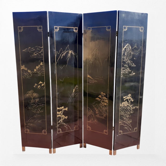 Mid-Century Modern Vintage Chinese Black Lacquer 4-Panel Folding Screen, Hand-Painted Chinoiserie Room Divider For Sale - Image 3 of 10
