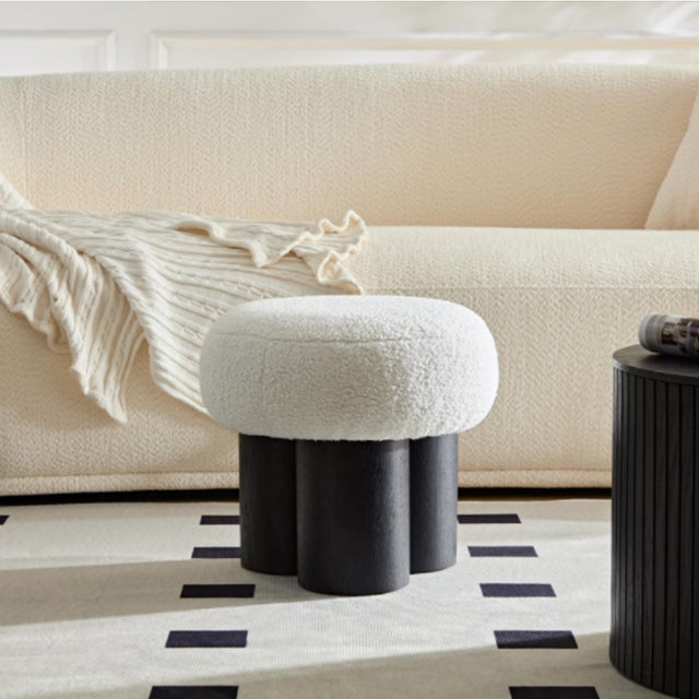 Not Yet Made - Made To Order Modern Boucle White Ottoman With Solid Wood Legs - Brand New For Sale - Image 5 of 8
