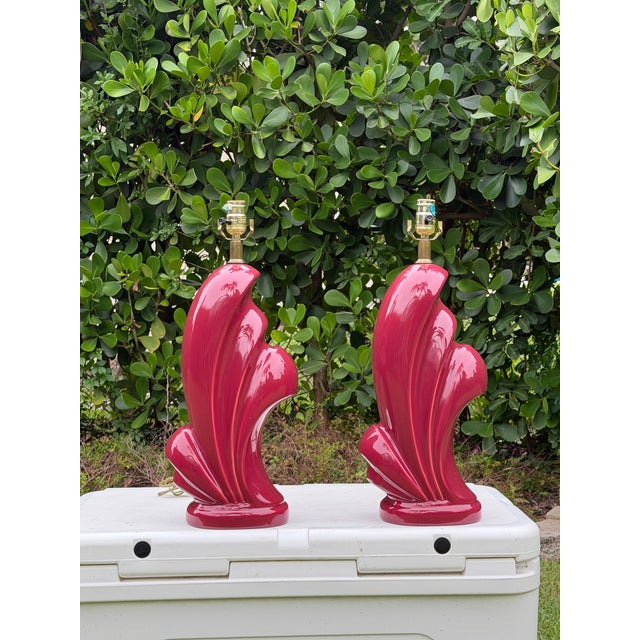 Late 20th Century Vintage 1980s Postmodern Cranberry Red Sculptural Wave Ceramic Table Lamps - A Pair For Sale - Image 5 of 10