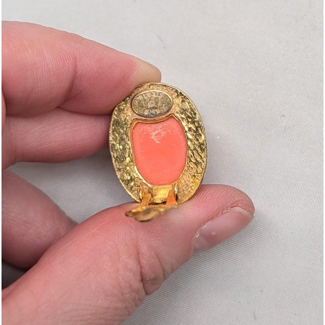 Metal Vintage Signed Alexis Kirk Cabochon Faux-Coral Clip Earrings-2 Pieces For Sale - Image 7 of 10