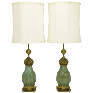 Stiffel Crackle Glaze Ceramic and Brass Moorish Style Table Lamps - a Pair