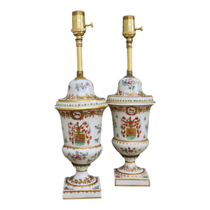 Pair of Vintage French Armorial Samson Porcelain French Décor Chinese Export Style Table Lamps
