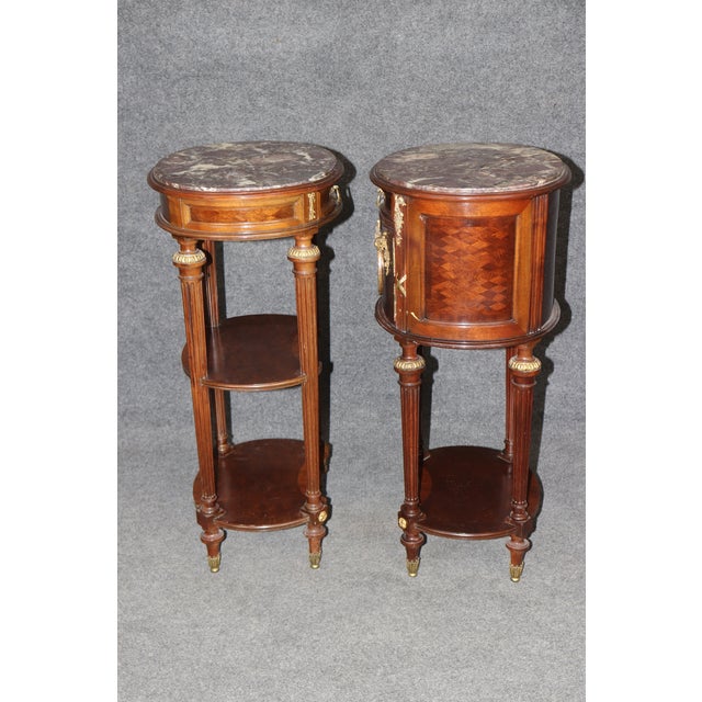 Pair of Early 20th C. French Louis XVI Bronze Mounted Marble Top Nightstands For Sale - Image 10 of 15