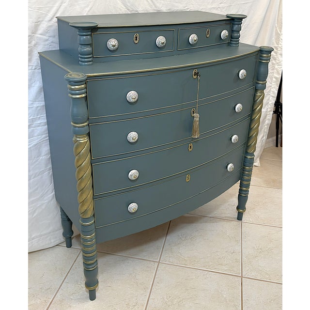 Late 19th Century Antique Sheraton Style Bowfront Chest of Six Drawers With Locks and Key, New Paint and Knobs For Sale - Image 5 of 18